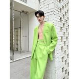 新款果绿色西服套装个性无领绑带设计款上衣直筒休闲长裤5307P245，男装西服套装，电商A246