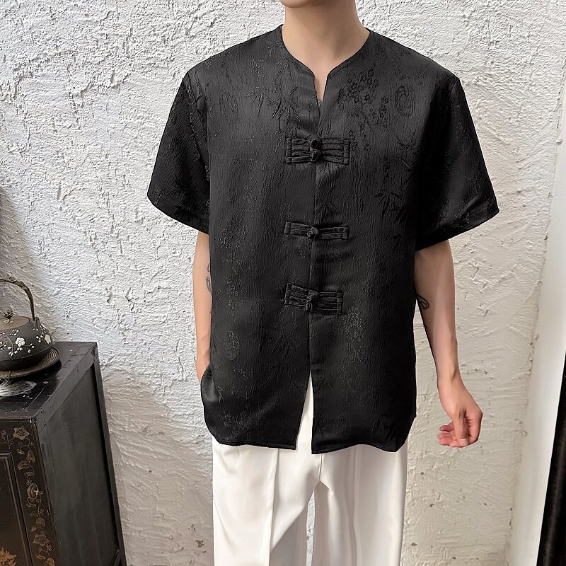 夏季新中式提花盘扣圆领短袖男女衬衣复古风禅意衬衫3569P85,男装衬衫,电商A246