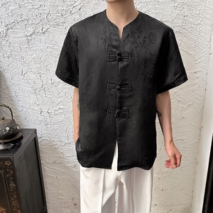 夏季新中式提花盘扣圆领短袖男女衬衣复古风禅意衬衫3569P85图片