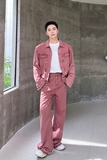 秋冬新款牛仔套装潮流多巴胺粉色翻领牛仔外套阔腿喇叭裤ZK15P195，男装工装外套，电商A246