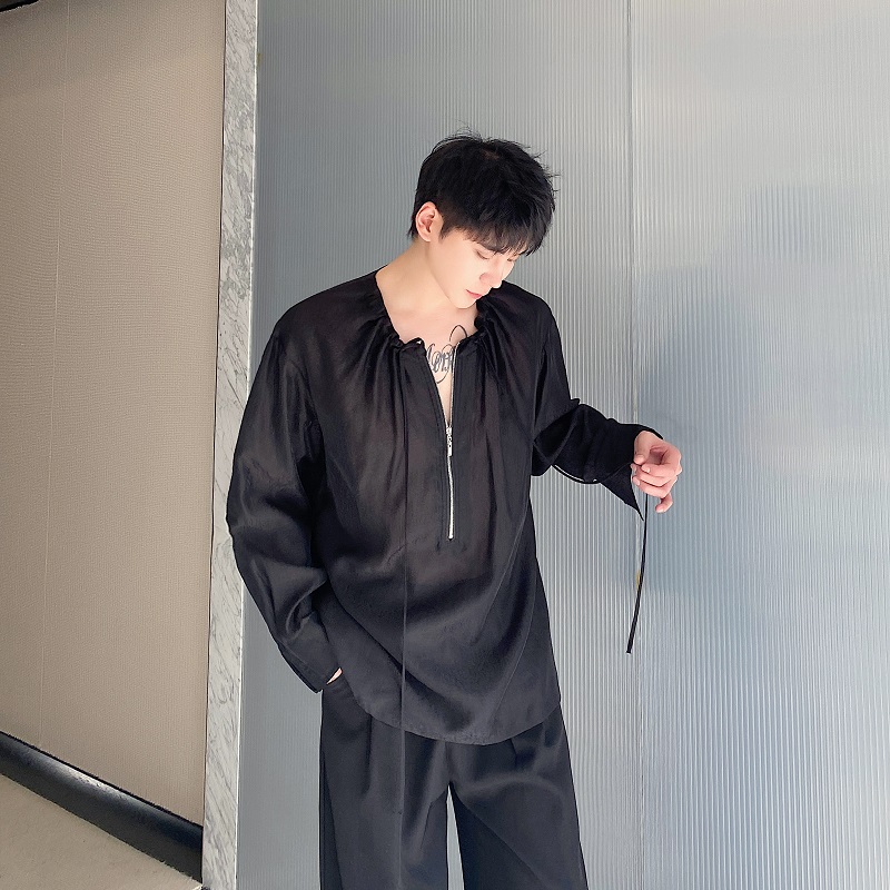 夏季个性圆领抽绳拉链设计欧根纱长袖防晒男女衬衣3563P85，男装防晒衣，电商A246