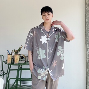 气质暖色调印花翻领短袖男衬衣时髦雅痞个性半袖衬衫3646P75图片