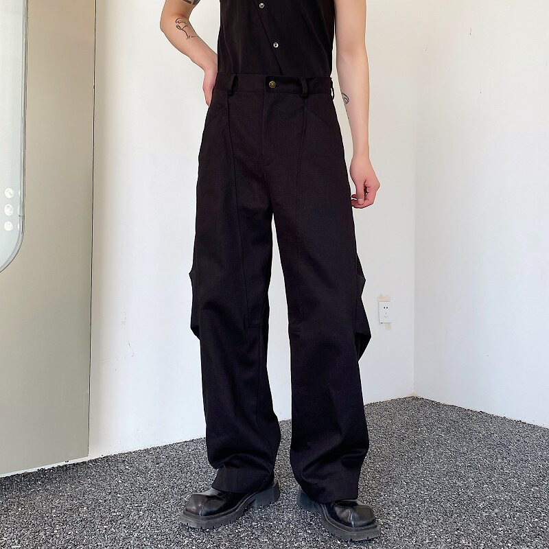 原创设计休闲褶皱拼接阔腿男女牛仔裤韩版痞帅拖地休闲裤2569P105图片
