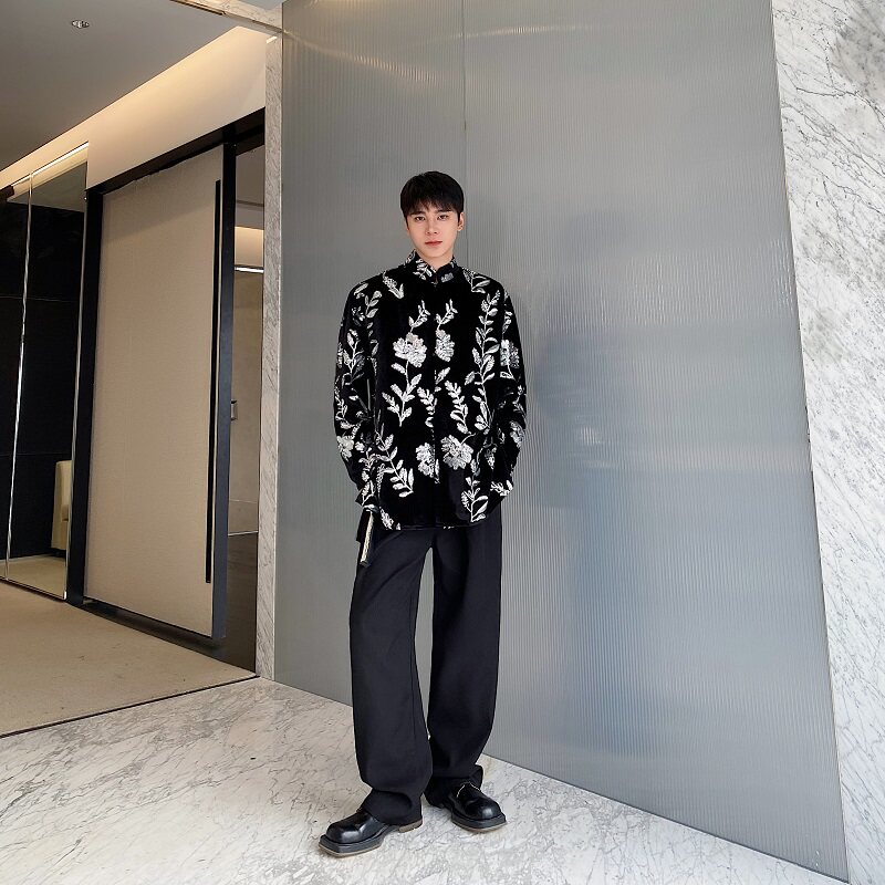 秋季丝绒绣亮片立领长袖男女衬衣复古休闲宽松衬衫3553P115,男装衬衫,电商A246