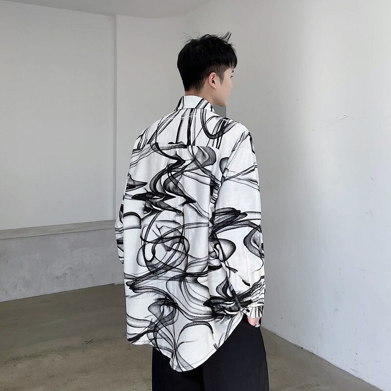 设计款棉麻个性水墨涂鸦扎染宽松百搭长袖衬衣A246-3866-P75,男装衬衫,电商A246