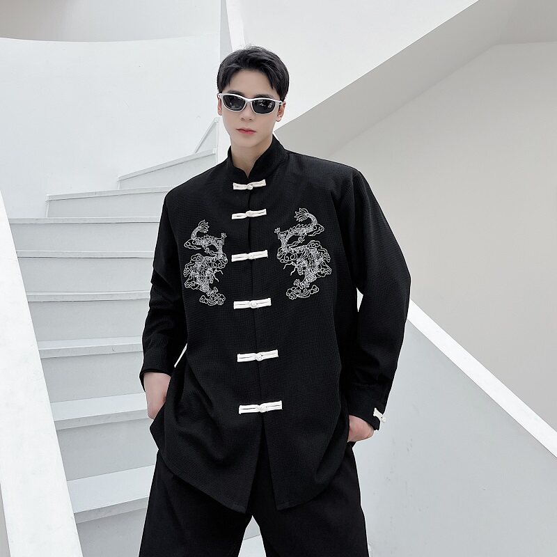 秋季改良中式盘扣绣花小众暗黑系立领长袖男衬衣潮流痞帅2513P85图片