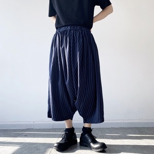 山本風(fēng)夏季個(gè)性條紋寬松闊腿褲潮流復(fù)古亞麻八分褲男K01P55，男裝休閑褲，電商A246