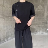 夏季新中式盘扣玉佩流苏设计原领短袖男女T恤复古休闲上衣9772P75，男装T恤，电商A246