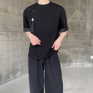 夏季新中式盘扣玉佩流苏设计原领短袖男女T恤复古休闲上衣9772P75图片