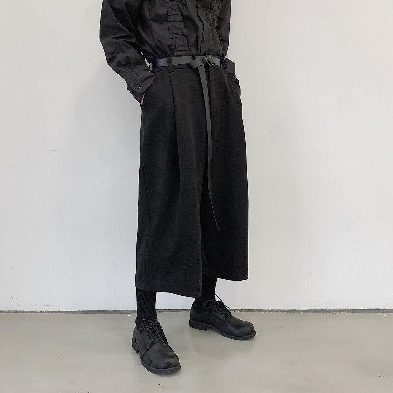 走秀同款暗黑冬季凹造型定制腰带毛呢料阔腿八分裤A261-2182-P85图片
