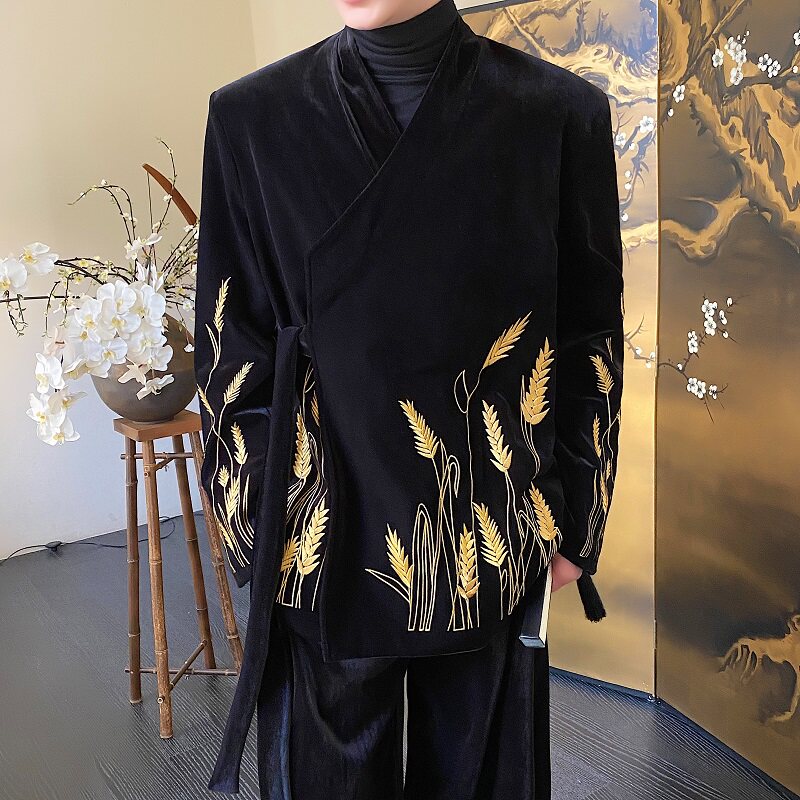 新中式重工艺麦穗刺绣丝绒垫肩西服阔腿长裤套装2635P265340,男装西服,电商A246