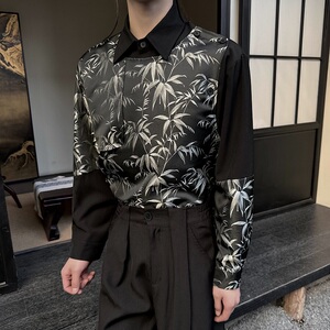 新中式竹叶提花假两件翻领长袖男女衬衣个性可拆卸马甲5216P125图片