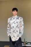 新中式锦缎印花立领盘扣长袖男女衬衣潮流风禅意衬衫3538P95，男装衬衫，电商A246