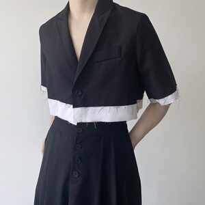 夏季山本暗黑系毛边撞色短款男女半袖西服领衬衣禁欲系2576P75图片