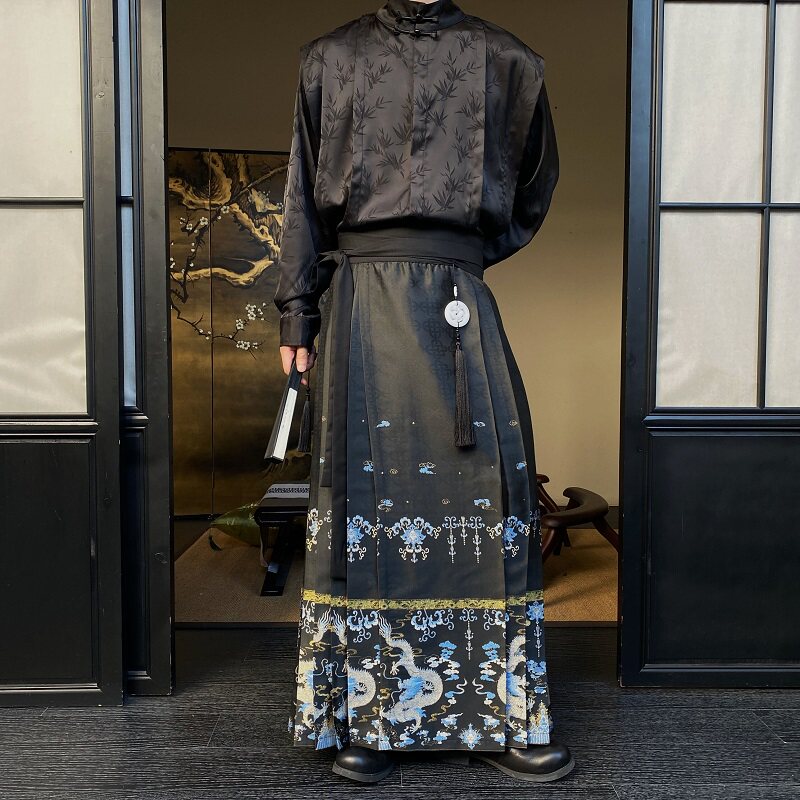 秋季新款百褶马面裙潮流中式汉服锦缎提花男女系带长裙2613P130,男装民族服装,电商A246