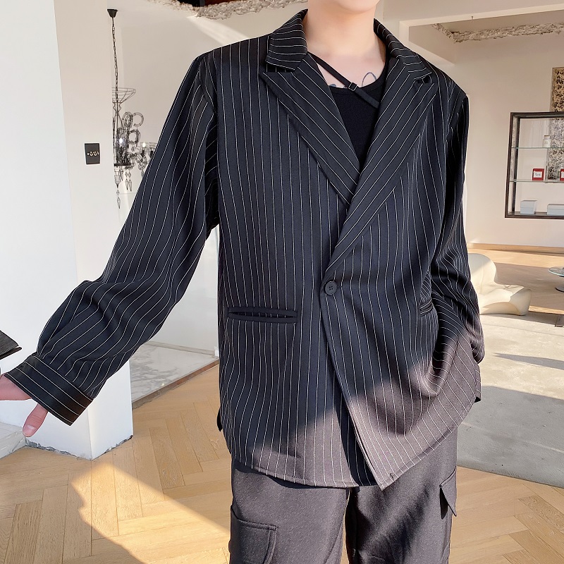 春季简约高级感条纹西服领长袖男衬衣潮流通勤宽松上衣3605P80，男装西服，电商A246