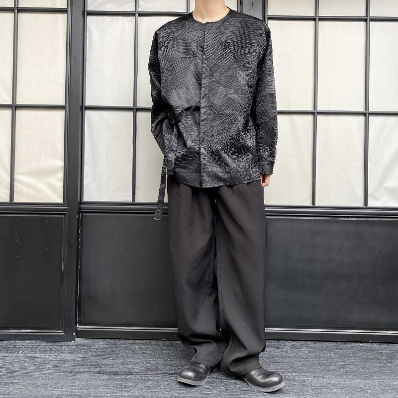 春季新中式锦缎褶皱绑带设计长袖圆领男女衬衣复古风5239P90,男装衬衫,电商A246