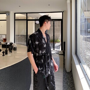 夏季中式禅意墨竹绑带设计男女短袖衬衣风汉服衬衫9775P75图片
