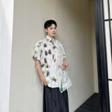 夏季新中式墨竹印花多片刺绣网纱翻领短袖男女衬衣6824P90，男装T恤，电商A246