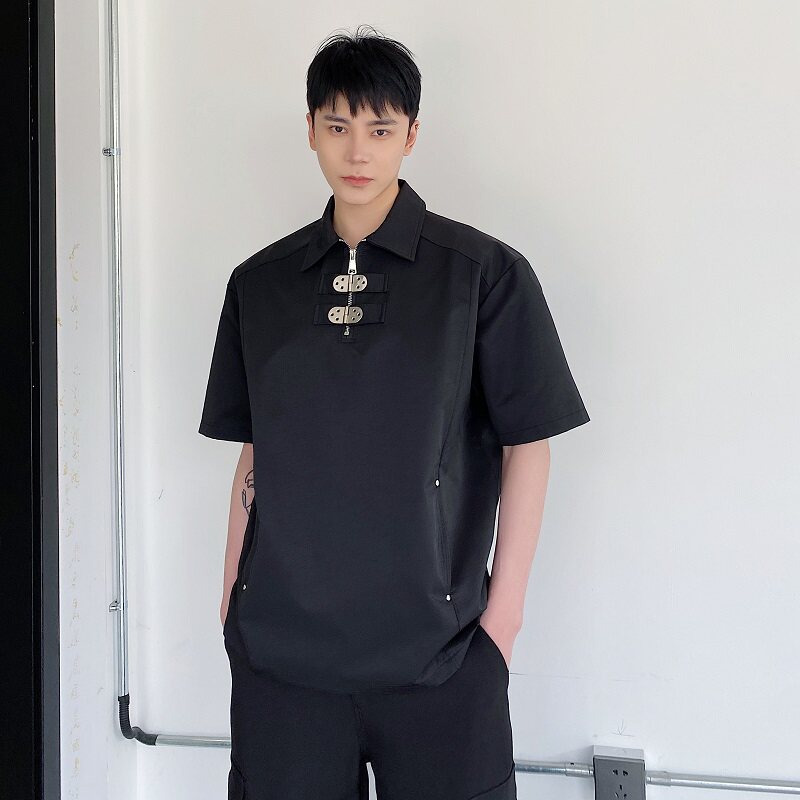 夏季个性金属扣设计翻领短袖男女衬衣潮流痞帅套头衬衫5081P85,男装衬衫,电商A246