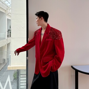 潮流轻奢丝绒亮片拼接红色西服外套气质宴会舞台礼服5280P145图片