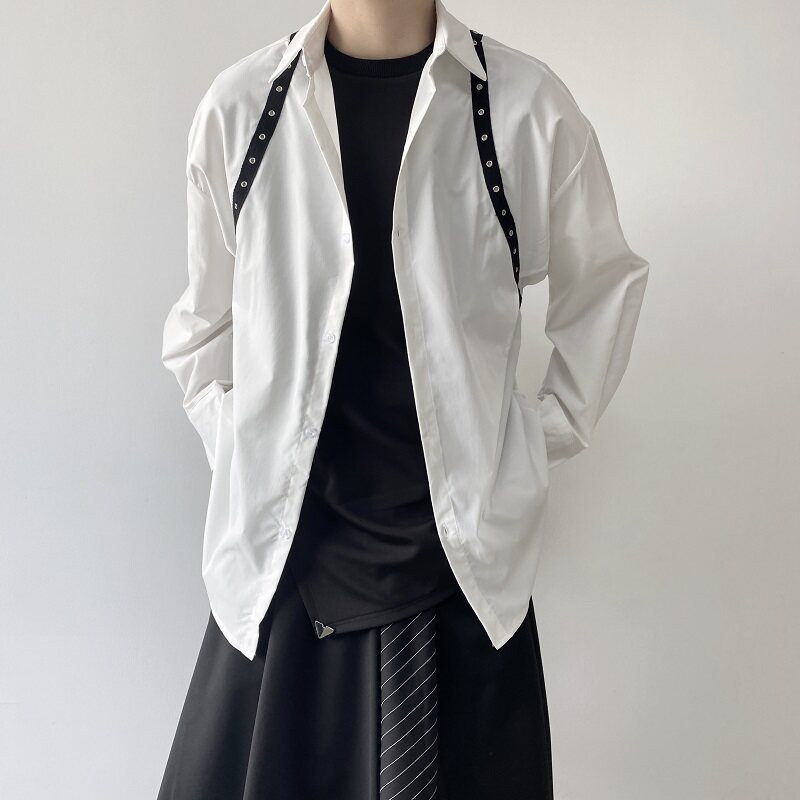 暗黑系个性绑带设计翻领长袖男女衬衣潮流原创小众衬衫2301P75,男装衬衫,电商A246