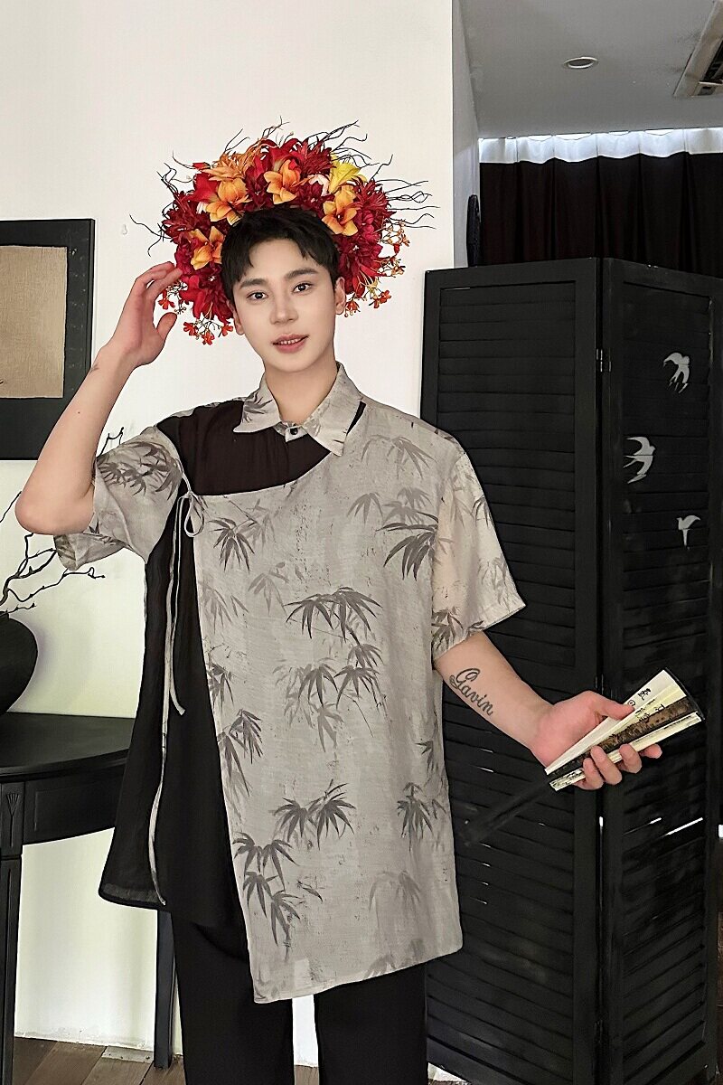 设计款中式墨竹拼色翻领复古短袖A246-6819-P90,男装衬衫,电商A246