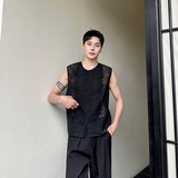 夏季个性立体提花透视圆领盘扣无袖背心坎肩A246-6822-P75，男装背心/马甲，电商A246