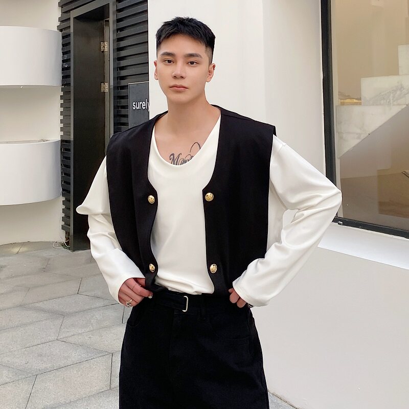 小众撞色披肩马甲可拆卸两件套V领男长袖T恤韩版时髦卫衣3776P75图片