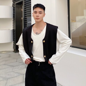 小众撞色披肩马甲可拆卸两件套V领男长袖T恤韩版时髦卫衣3776P75图片