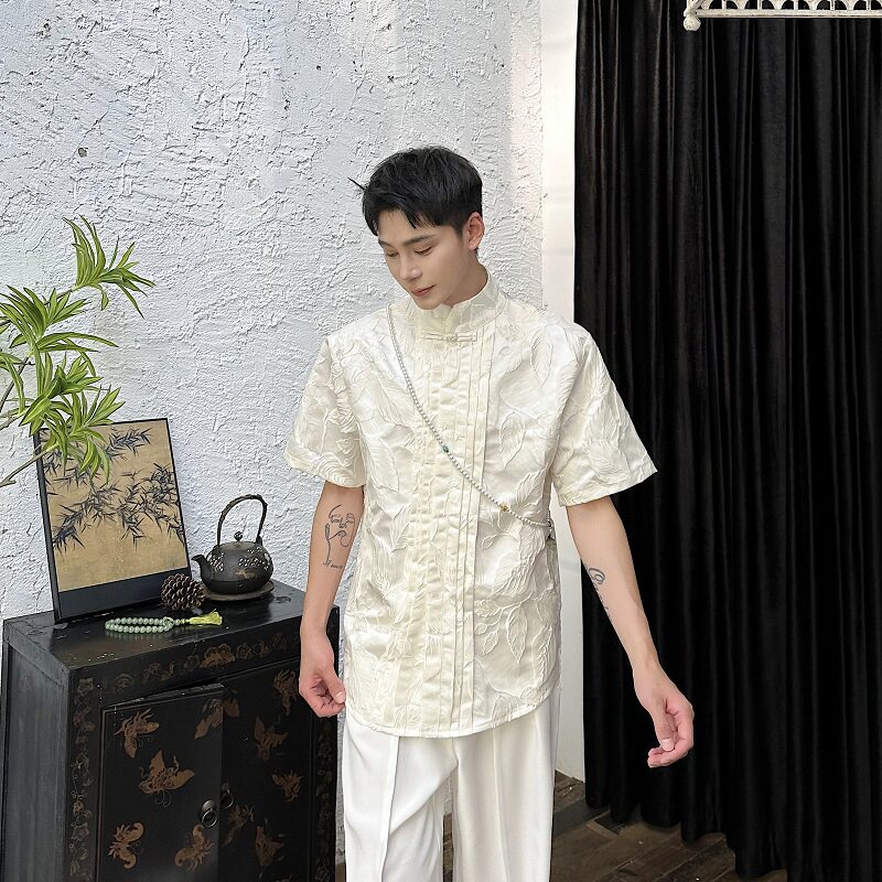 夏季新中式锦缎立体提花盘扣立领短袖男女衬衣风衬衫6815P95,男装衬衫,电商A246