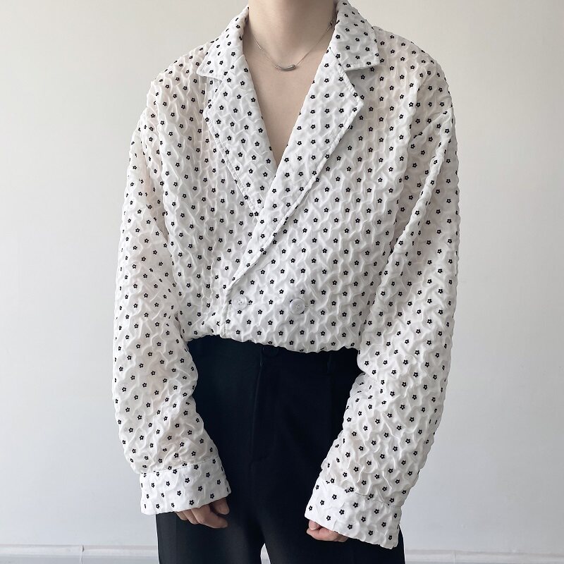 高端轻奢风定制设计款双层褶皱暮云纱波点休闲长袖衬衫3621-P90,男装衬衫,电商A246