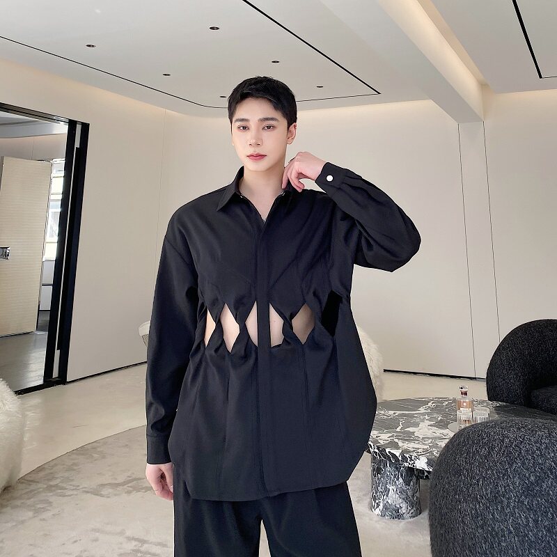 春季暗黑系个性漏洞设计款男女长袖翻领衬衣简约纯色衬衫5138P95图片