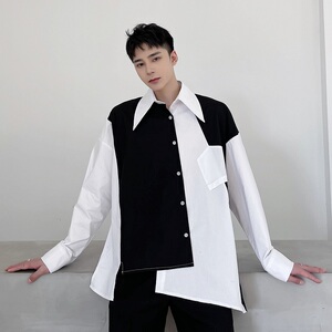 春夏山本暗黑风个性黑白撞色设计不规则裁剪拼接潮流衬衣2353-P75图片