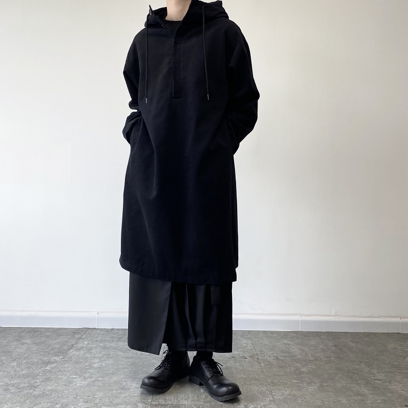 秋冬暗黑连帽长款开衩套头男女小众设计款风衣2431P125，男装风衣，电商A246