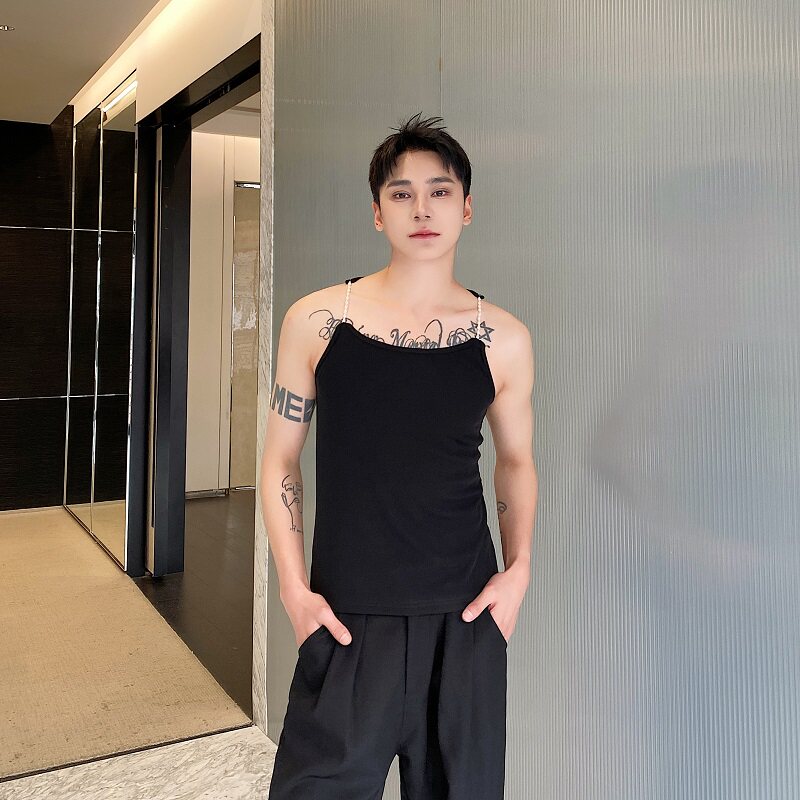 夏季个性珍珠肩带设计圆领短款男女背心潮流雅痞针织坎肩3545P65,男装背心/马甲,电商A246