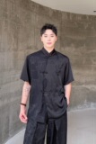 夏季中式缎面提花拼接刺绣立领盘扣男女短袖衬衣复古禅意3570P90，男装T恤，电商A246