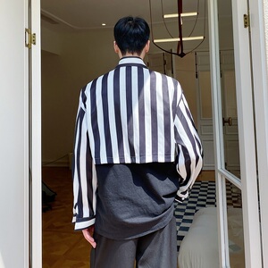 原创条纹冷淡风小众短款翻领长袖男衬衣韩版时髦雅痞衬衫3645P75图片