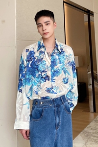 早春轻奢个性翻领花衬衣潮流垂感轻薄款韩版男长袖衬衫5051P80图片