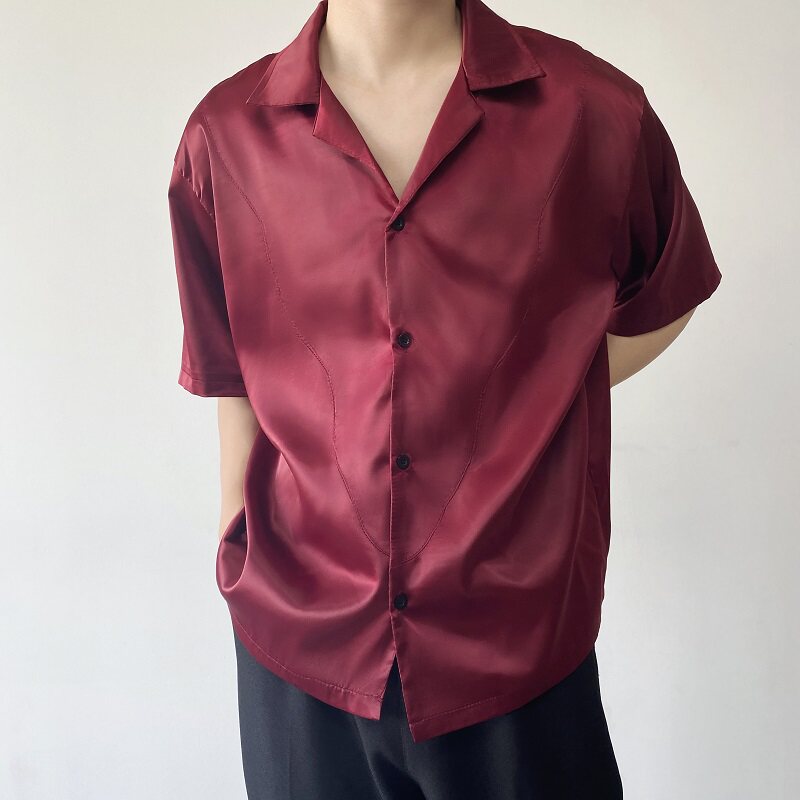 夏季韩版简约古巴领短袖男衬衣潮流轻奢缎面痞帅半袖衬衫9754P65图片