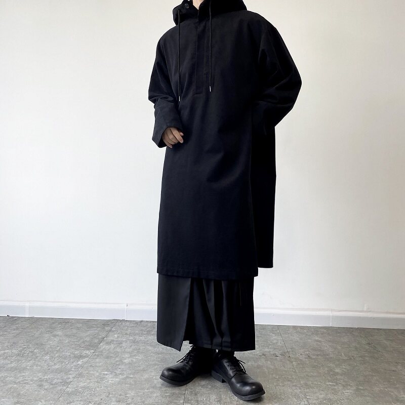 秋冬暗黑连帽长款开衩套头男女小众设计款风衣2431P125,男装风衣,电商A246