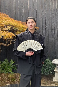 春季新中式复古提花披肩假两件立领长袖男女衬衣风衬衫2642P125图片