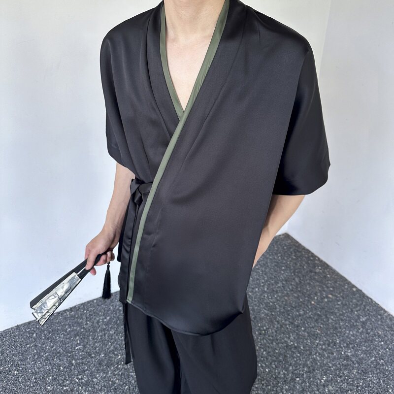 夏季新中式缎面拼色绑带设计短袖男女衬衣复古风禅意5257P85,男装T恤,电商A246