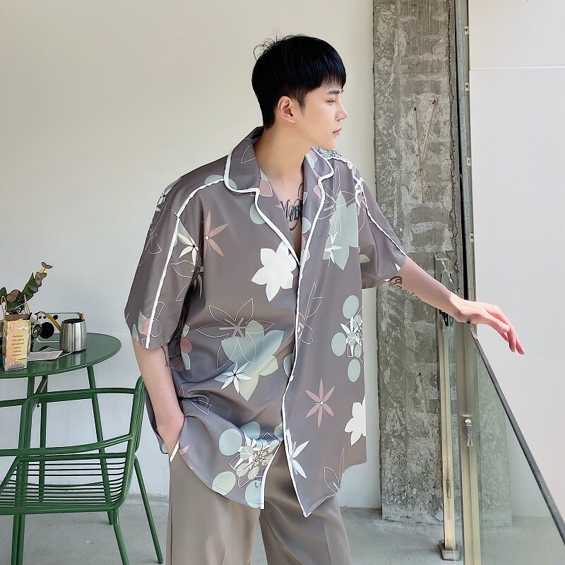气质暖色调印花翻领短袖男衬衣时髦雅痞个性半袖衬衫3646P75,男装T恤,电商A246