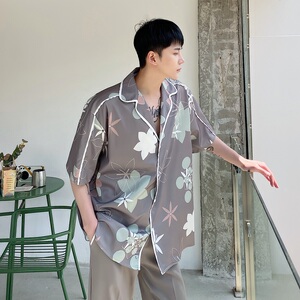 气质暖色调印花翻领短袖男衬衣时髦雅痞个性半袖衬衫3646P75图片
