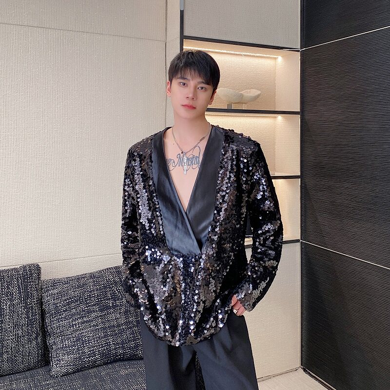 秋冬立体亮片缎面拼接套头V领西服外套潮流舞台演出服5243P175,男装西服,电商A246