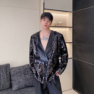秋冬立体亮片缎面拼接套头V领西服外套潮流舞台演出服5243P175图片