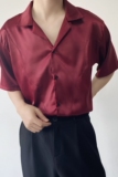 夏季韩版简约古巴领短袖男衬衣潮流轻奢缎面痞帅半袖衬衫9754P65，男装T恤，电商A246