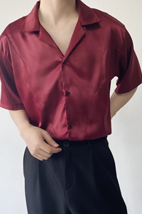 夏季韩版简约古巴领短袖男衬衣潮流轻奢缎面痞帅半袖衬衫9754P65图片