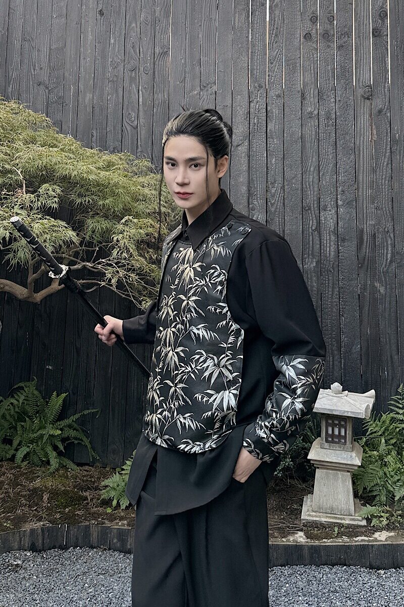 新中式竹叶提花假两件翻领长袖男女衬衣个性可拆卸马甲5216P125,男装衬衫,电商A246